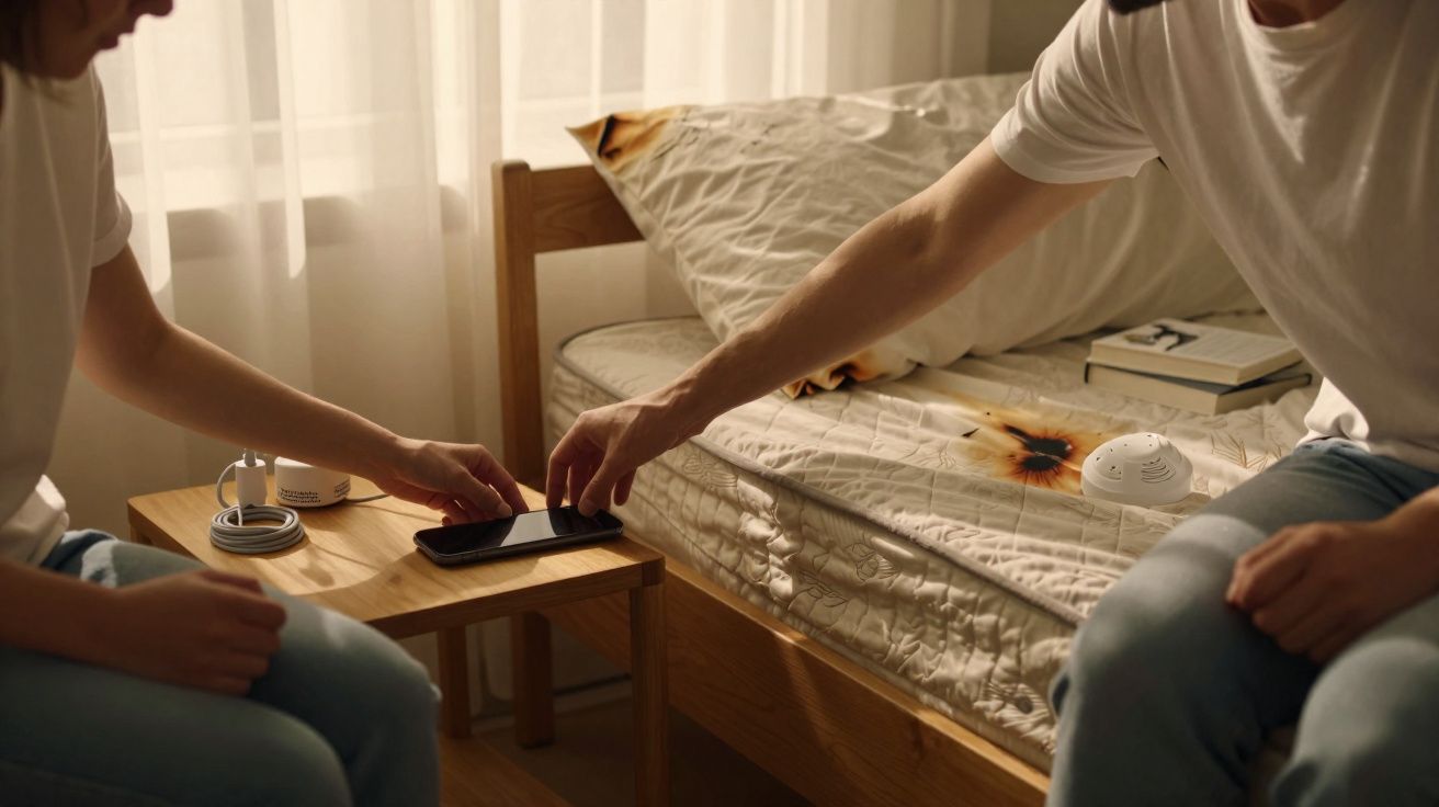 Duas pessoas sentadas junto a uma cama com queimadura, uma delas alcança um telemóvel numa mesa de cabeceira.