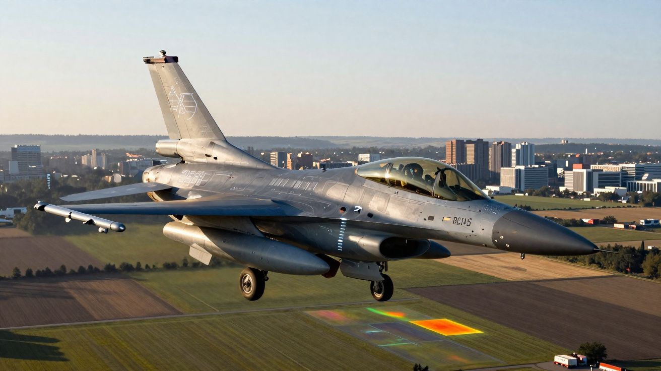 Caça F-16 cinza voando sobre campos agrícolas com edifícios urbanos ao fundo ao entardecer.