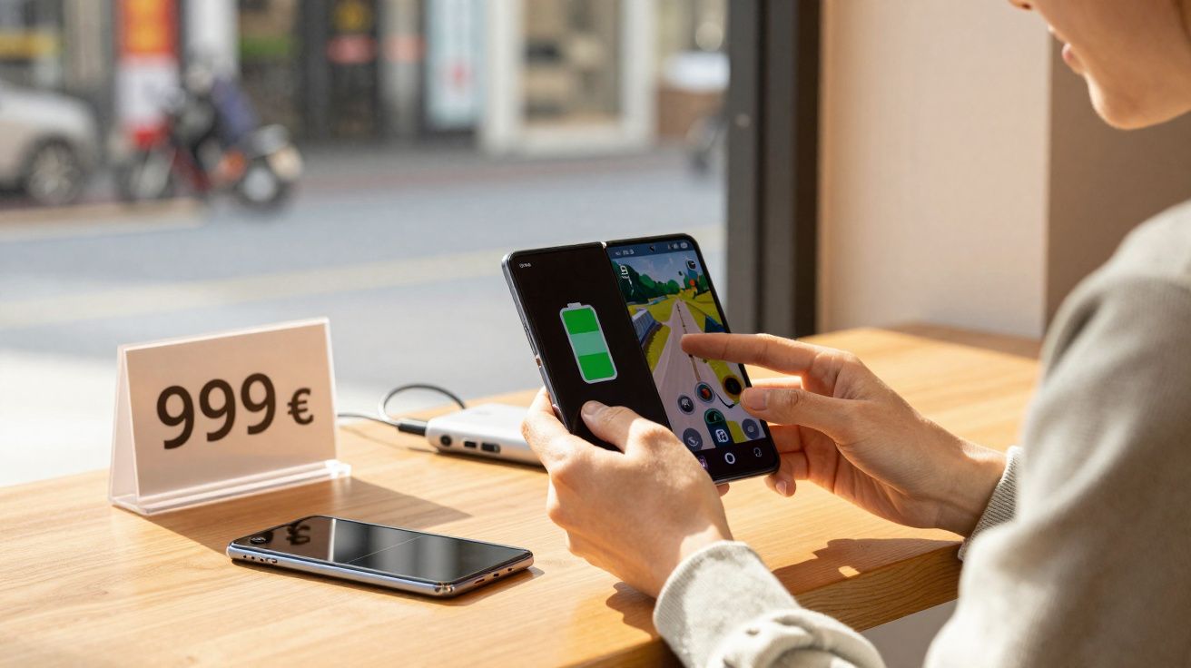 Pessoa a usar smartphone dobrável com ecrã dividido e preço de 999€ numa mesa junto a janela.