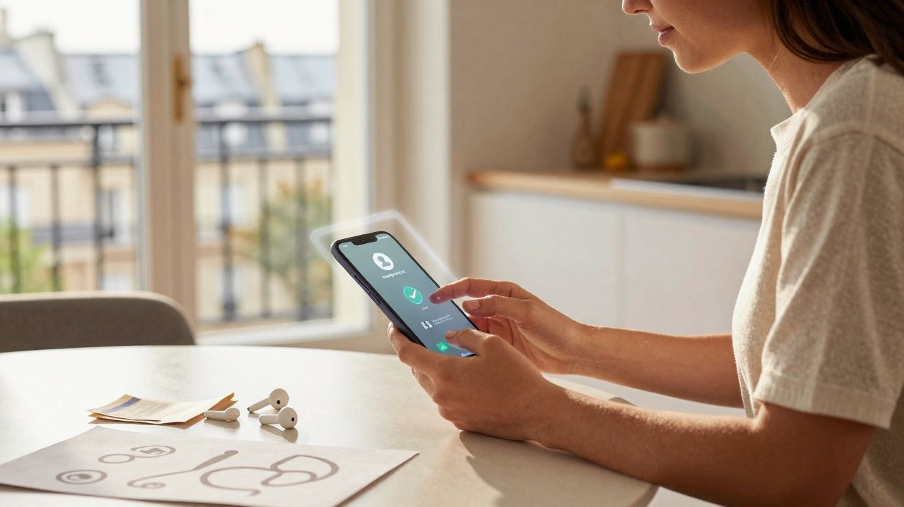 Pessoa a usar telemóvel com aplicação de autenticação em ambiente interior iluminado perto de mesa e janelas.