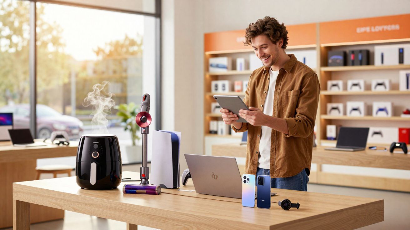 Homem numa loja tecnológica a usar tablet com produtos eletrónicos modernos numa mesa de madeira.