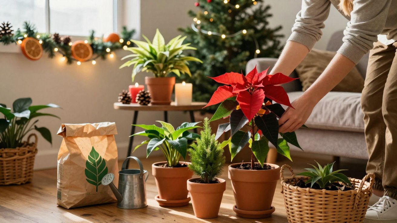 Pessoa a cuidar de plantas em vasos no chão de uma sala decorada com árvore de Natal e luzes.