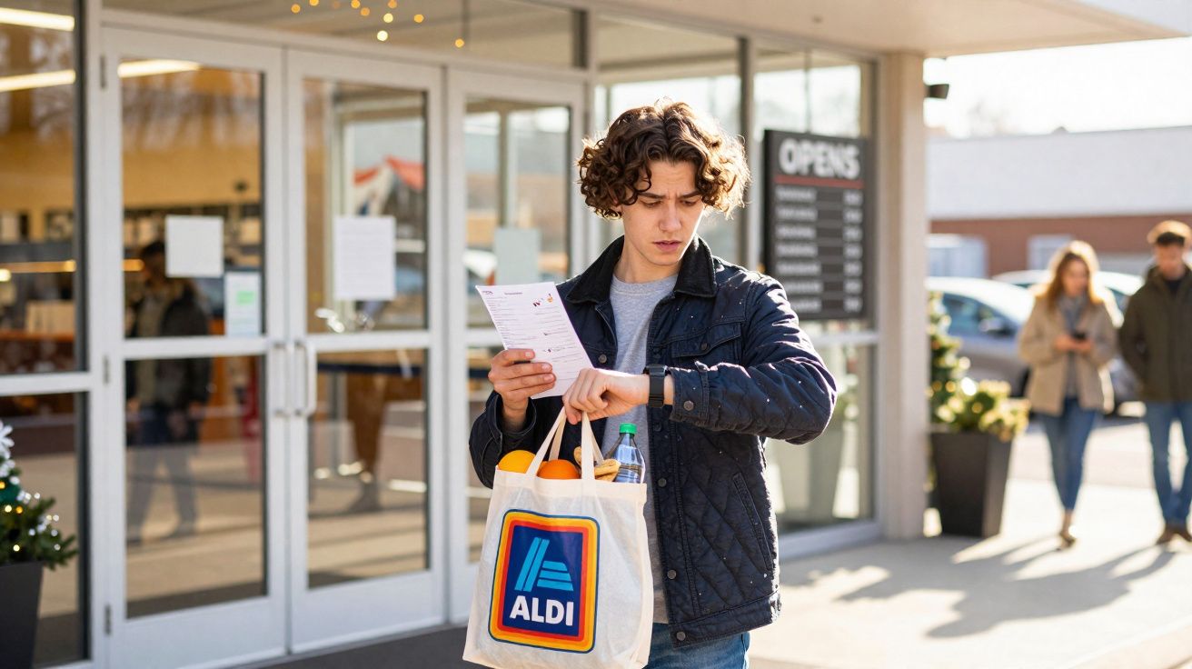 Jovem com sacola do Aldi e lista de compras a olhar para o relógio em frente à entrada do supermercado.
