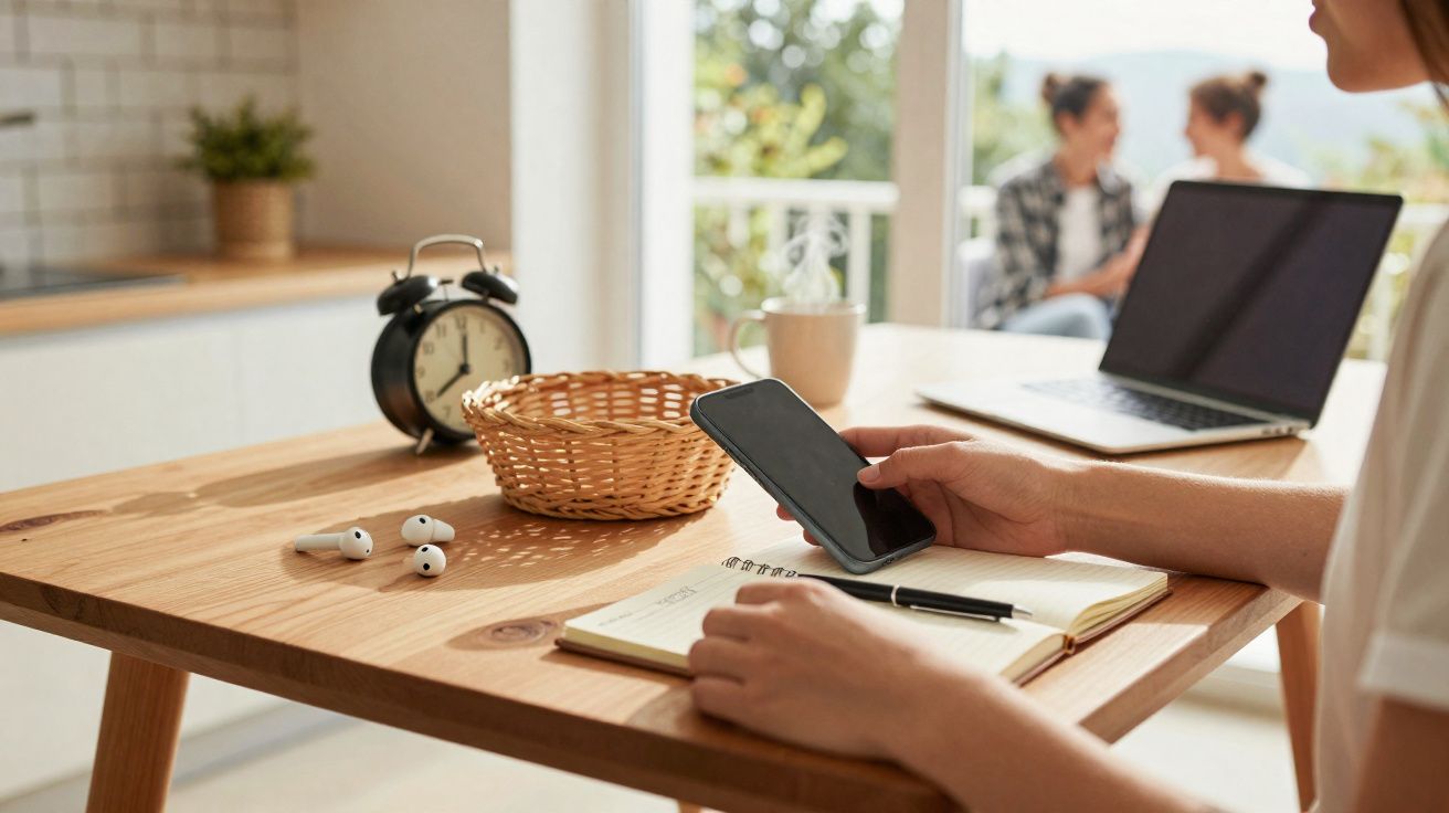 Pessoa a usar telemóvel junto a caderno, auriculares e computador portátil numa mesa de madeira, com duas pessoas ao fundo.