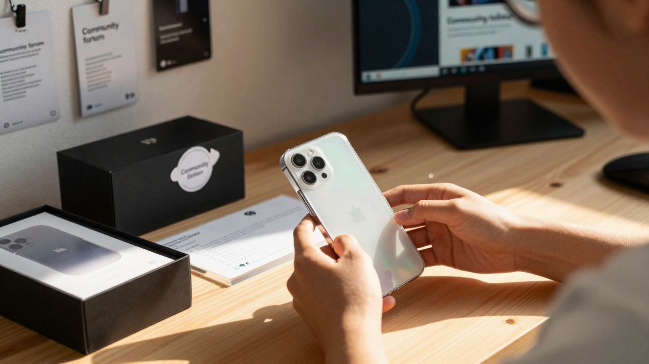 Pessoa a segurar um iPhone prateado junto de uma caixa preta e computador numa secretária de madeira.