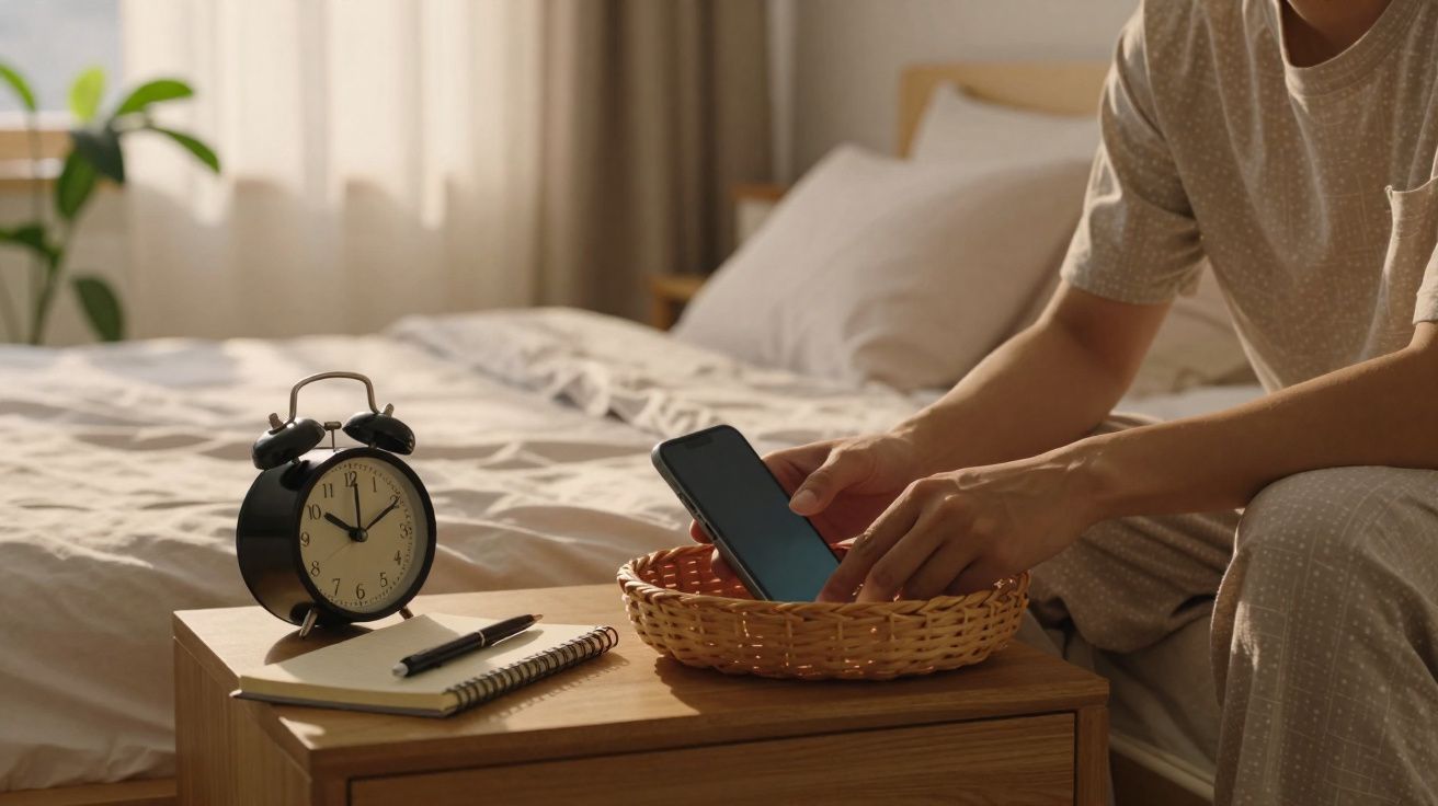 Pessoa a guardar telemóvel numa cesta numa mesa de cabeceira com despertador, caderno e caneta ao lado.