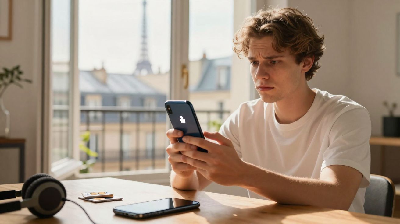 Jovem sentado a olhar preocupado para o telemóvel numa sala com vista para a Torre Eiffel.