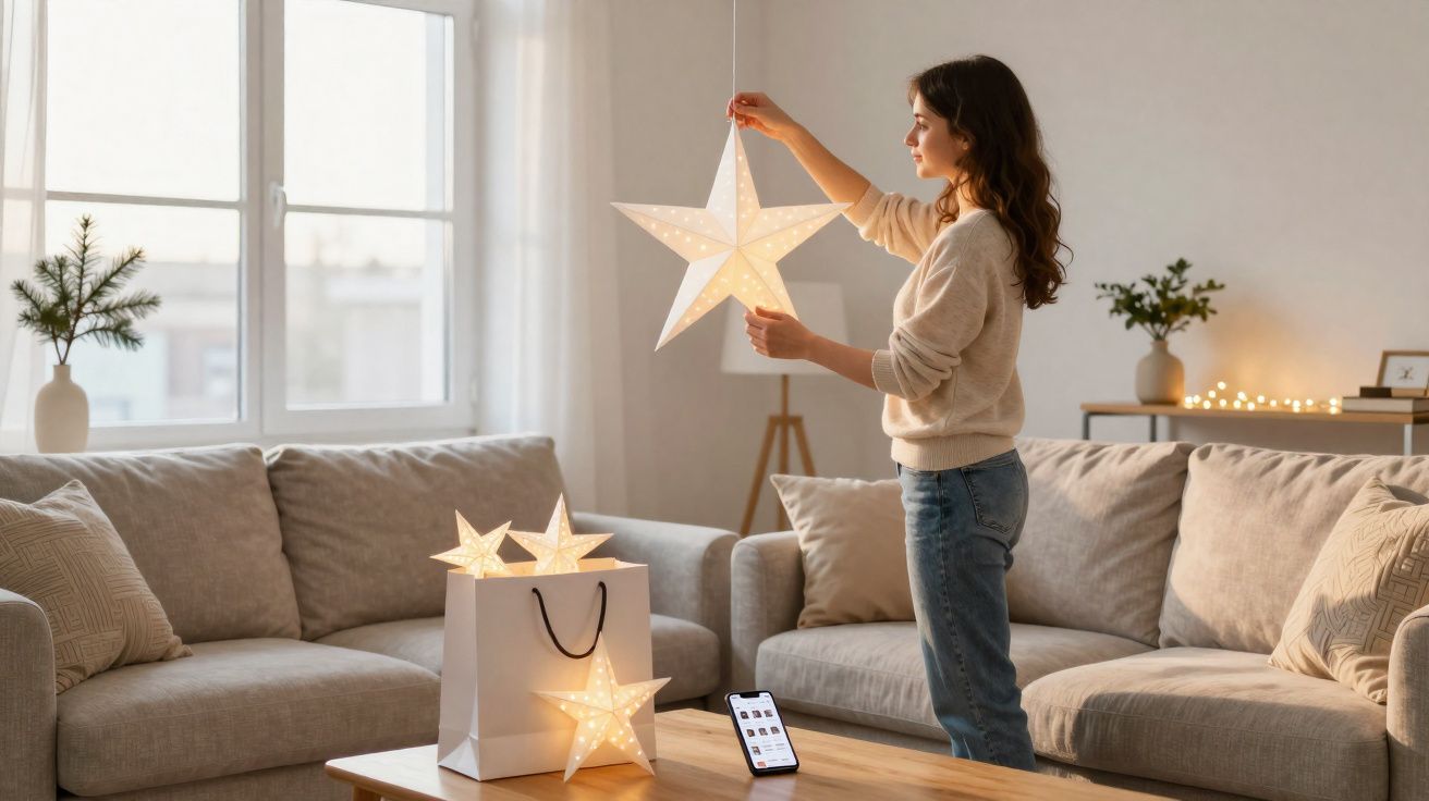 Mulher a decorar sala com estrelas iluminadas em ambiente acolhedor e moderno.