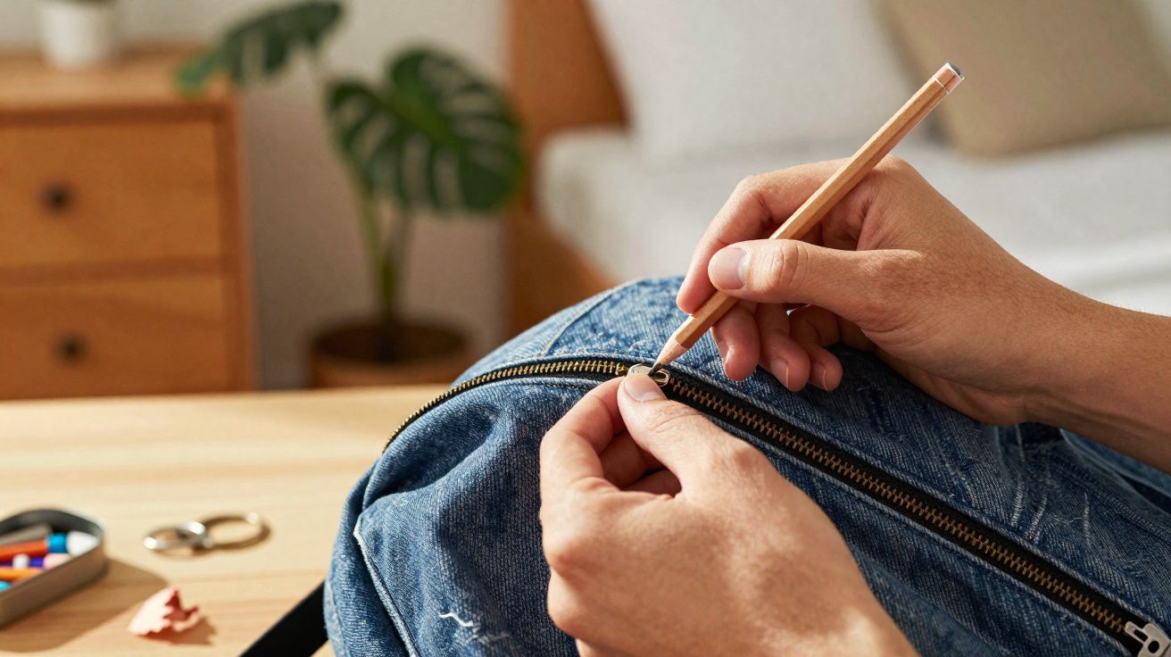 Mãos a reparar o fecho de mochila azul com um lápis numa mesa de madeira.