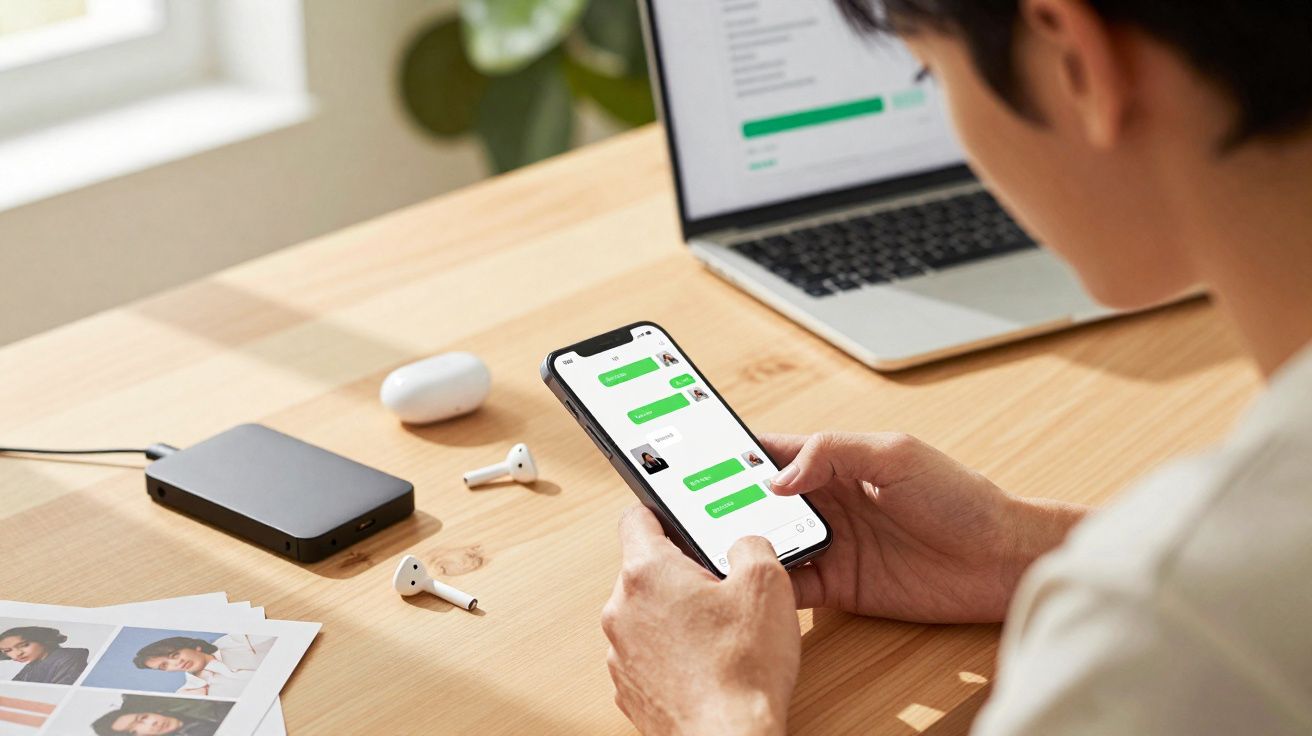 Pessoa a usar telemóvel para enviar mensagens, com computador portátil e auscultadores sem fios numa mesa de madeira.
