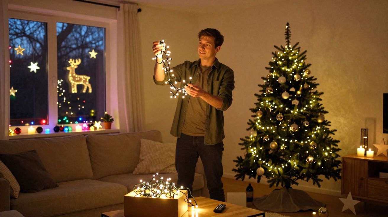 Homem a decorar árvore de Natal com luzes numa sala aconchegante iluminada e com enfeites natalícios.