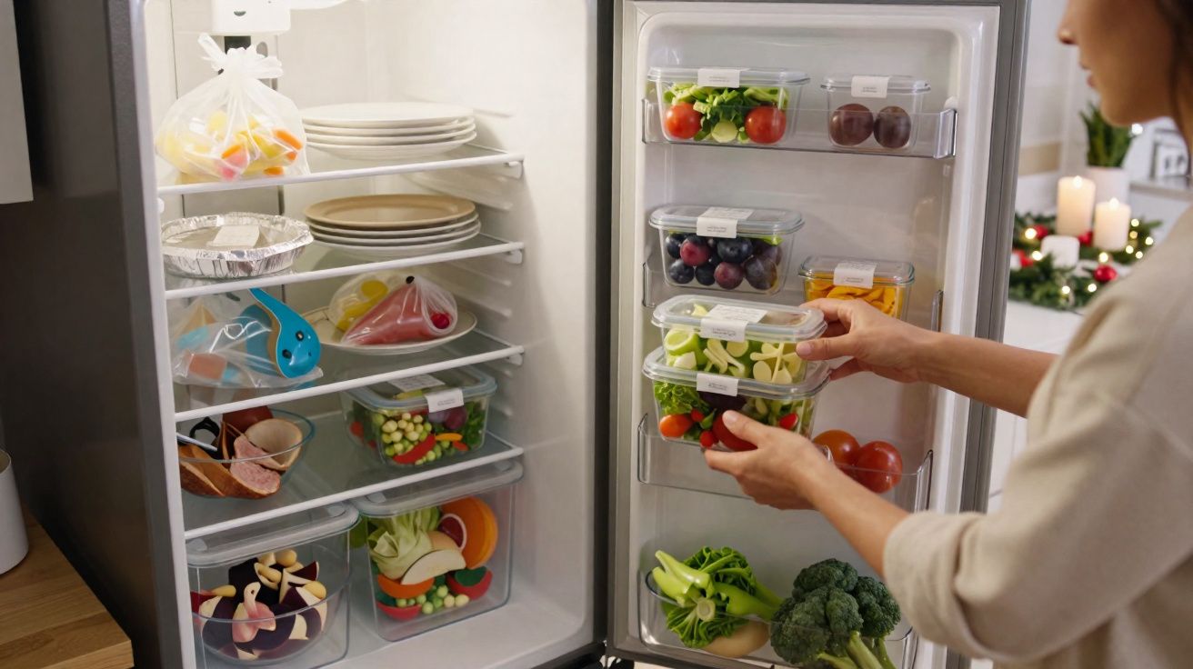 Frigorífico aberto com alimentos organizados em recipientes reutilizáveis e uma mulher a arrumar a porta.