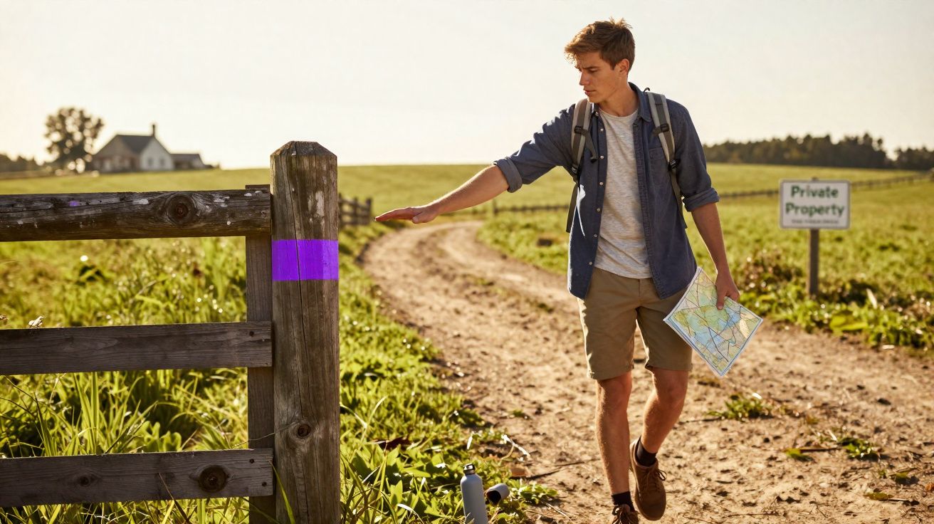 Jovem com mochila e mapa toca cerca de madeira junto a caminho rural com placa de "Propriedade Privada".