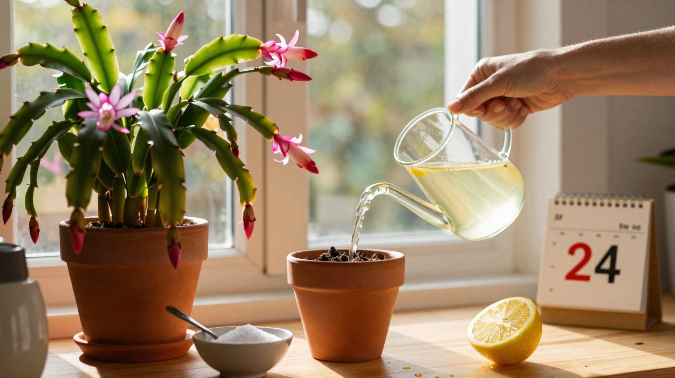 Mão a regar vaso pequeno com jarro transparente junto a flor de cactus, limão cortado e calendário na mesa.
