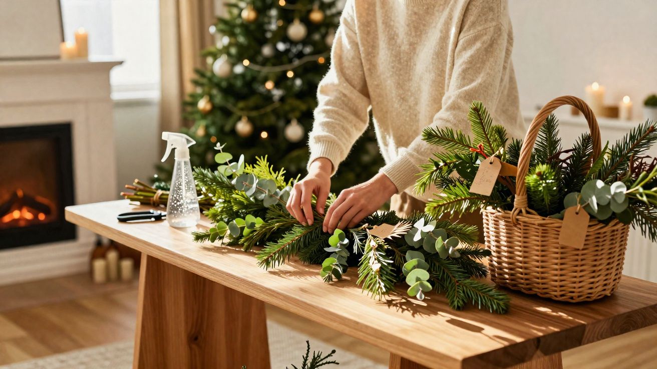 Pessoa a fazer arranjo floral festivo com ramos verdes numa mesa de madeira junto à lareira e árvore de Natal.