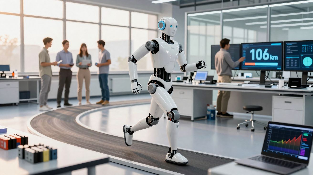 Robô branco a correr numa pista dentro de um laboratório moderno com pessoas e ecrãs tecnológicos.