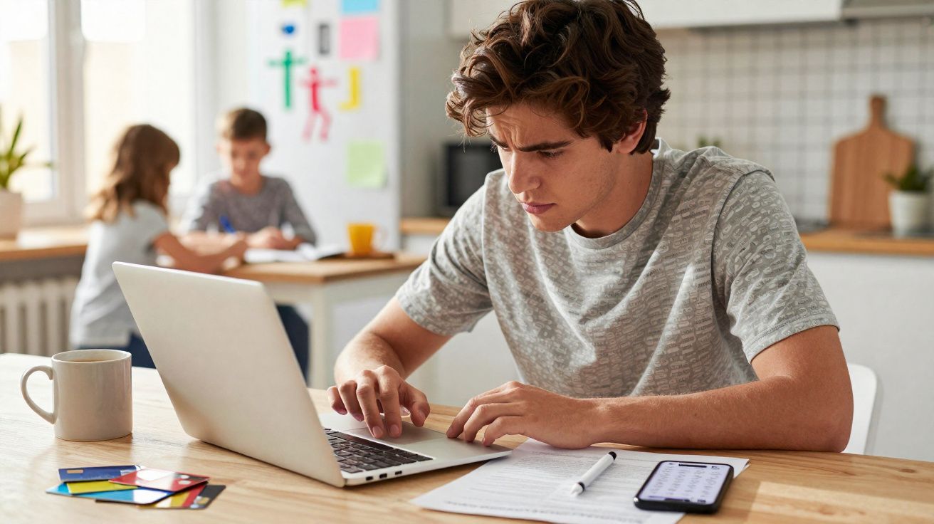 Jovem a estudar com computador portátil, caderno e telemóvel numa mesa, crianças ao fundo a estudar também.