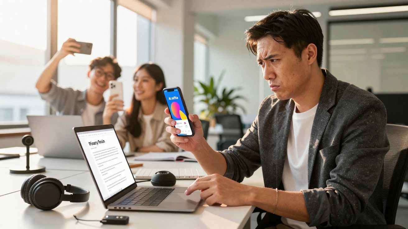 Homem preocupado olha para telemóvel com app aberta, enquanto duas pessoas ao fundo tiram selfie num escritório.