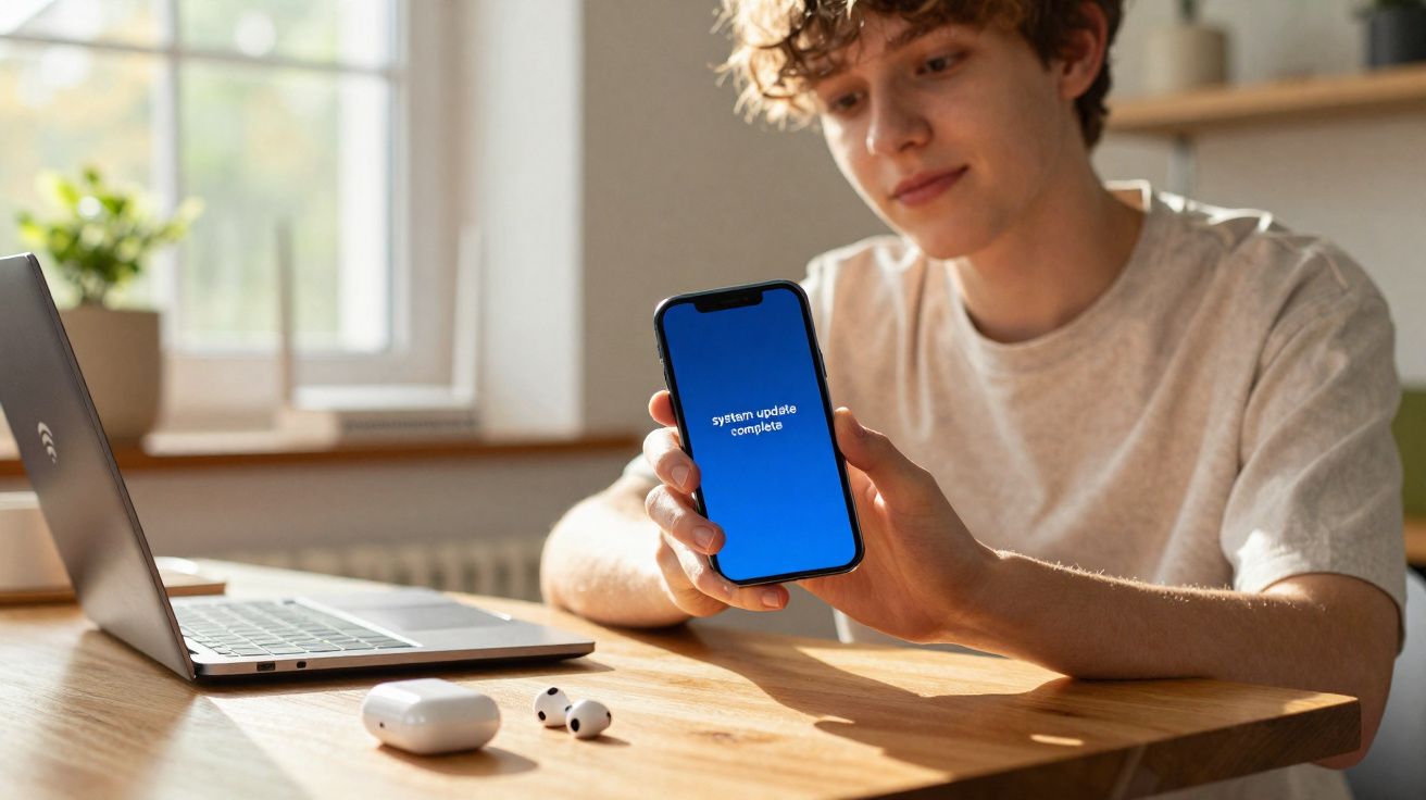 Jovem mostra telemóvel com mensagem "system update complete" sentado à mesa com portátil e auscultadores.