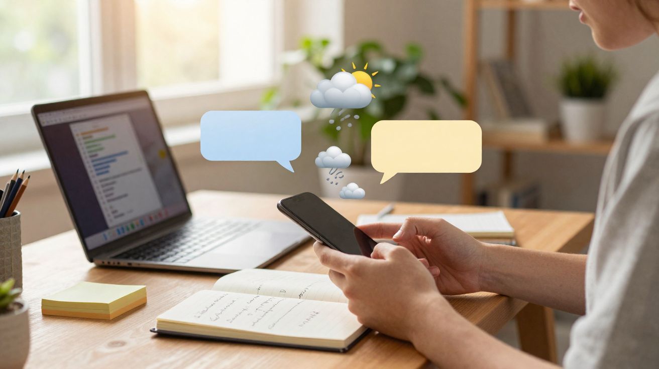 Pessoa sentada à secretária com portátil aberto e a utilizar telemóvel, com balões de conversa e ícones de tempo.