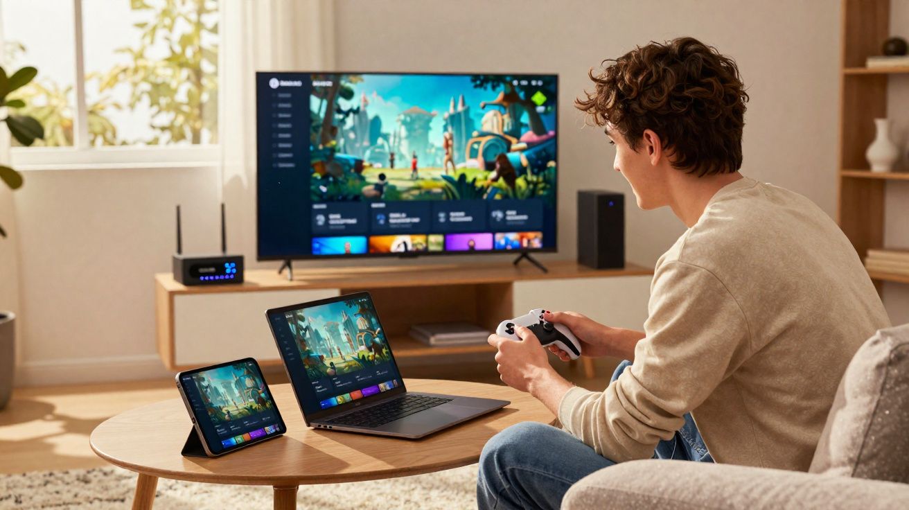 Jovem a jogar videojogo numa consola, com ecrã do jogo exibido em televisão, portátil e tablet numa sala iluminada.