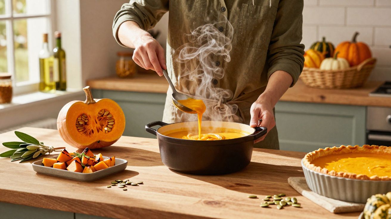 Pessoa a servir sopa quente de abóbora numa panela, com abóbora fresca e torta ao lado numa cozinha.