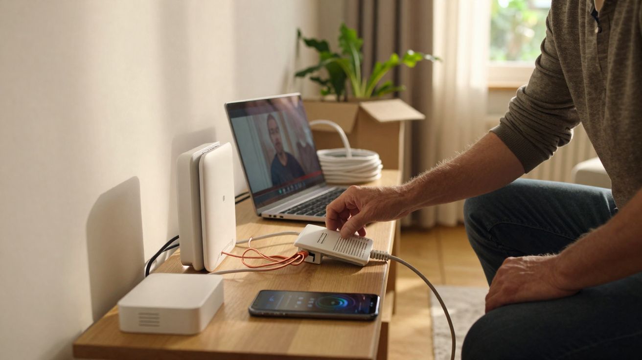 Pessoa a configurar equipamento de internet numa mesa com computador portátil e telemóvel à frente.