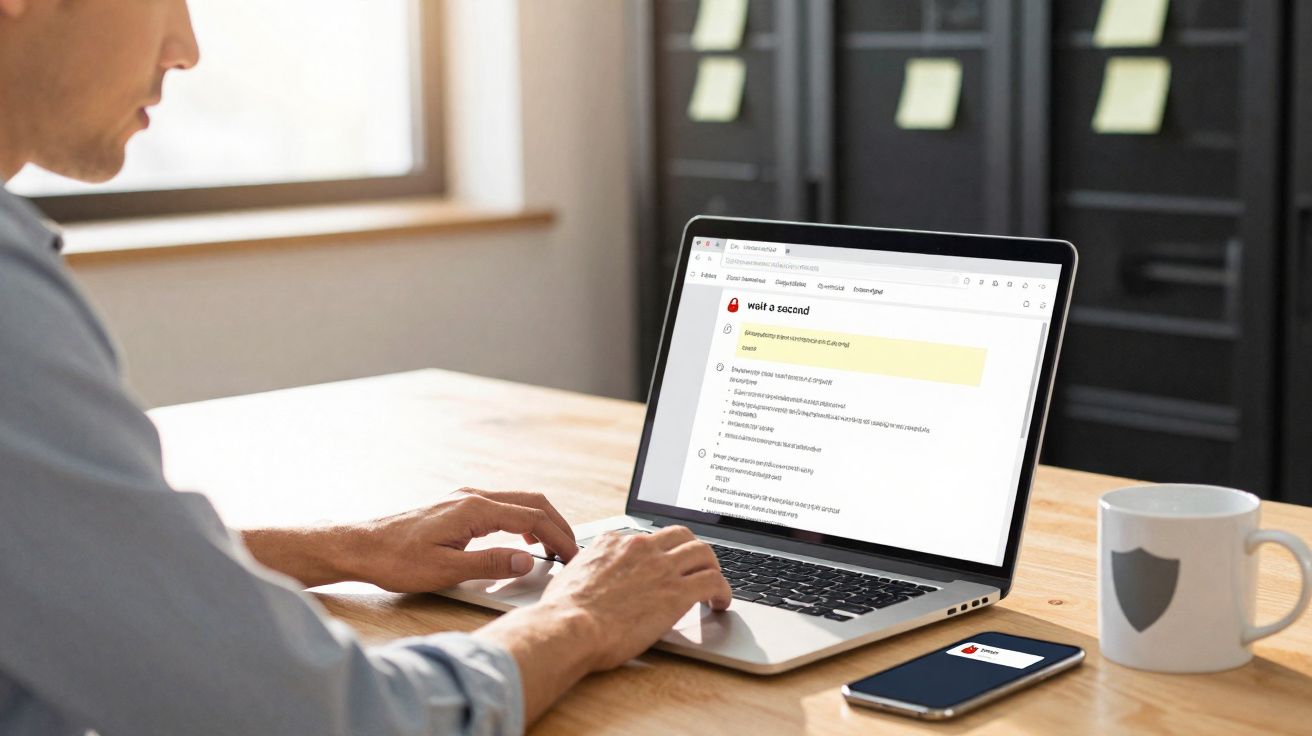 Pessoa a trabalhar num portátil com código num ambiente de escritório com mesa, telemóvel e caneca.