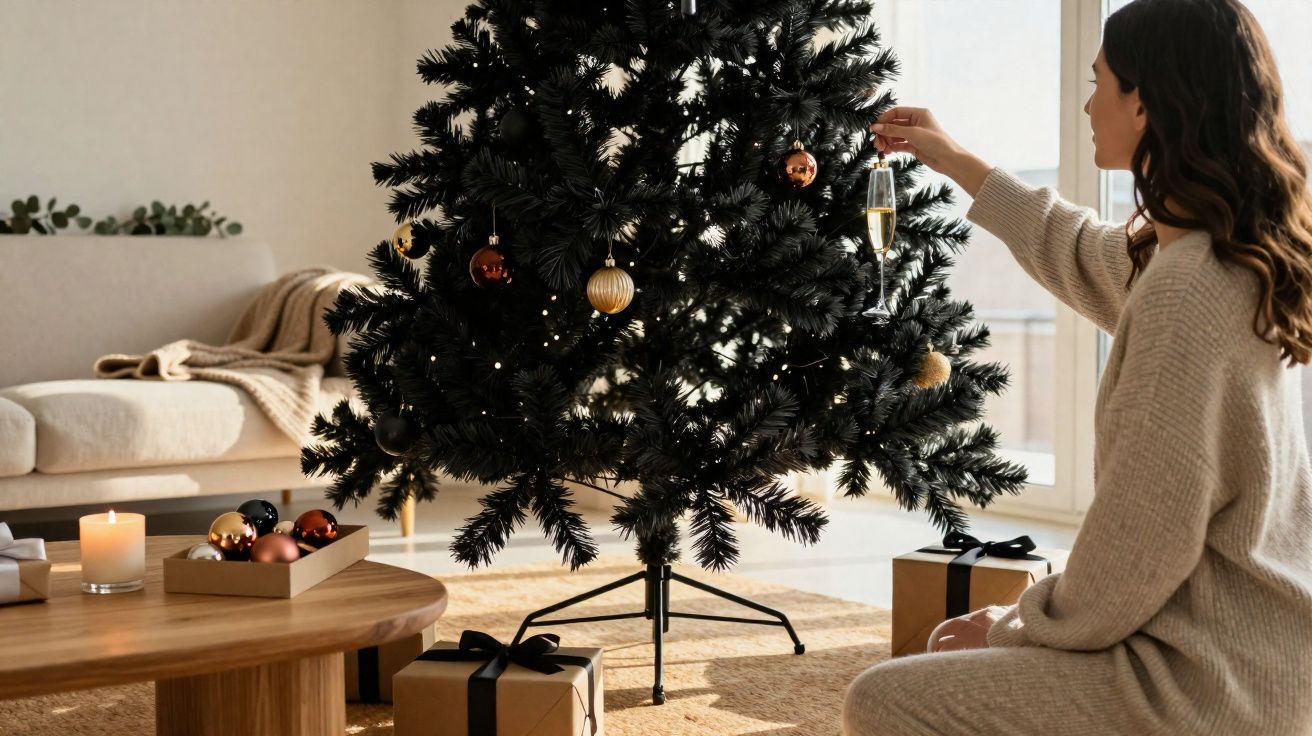 Mulher a decorar uma árvore de Natal com bolas coloridas e presentes na sala acolhedora.