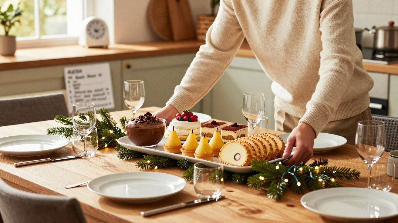 Pessoa a colocar prato com sobremesas variadas numa mesa de madeira decorada para festa.
