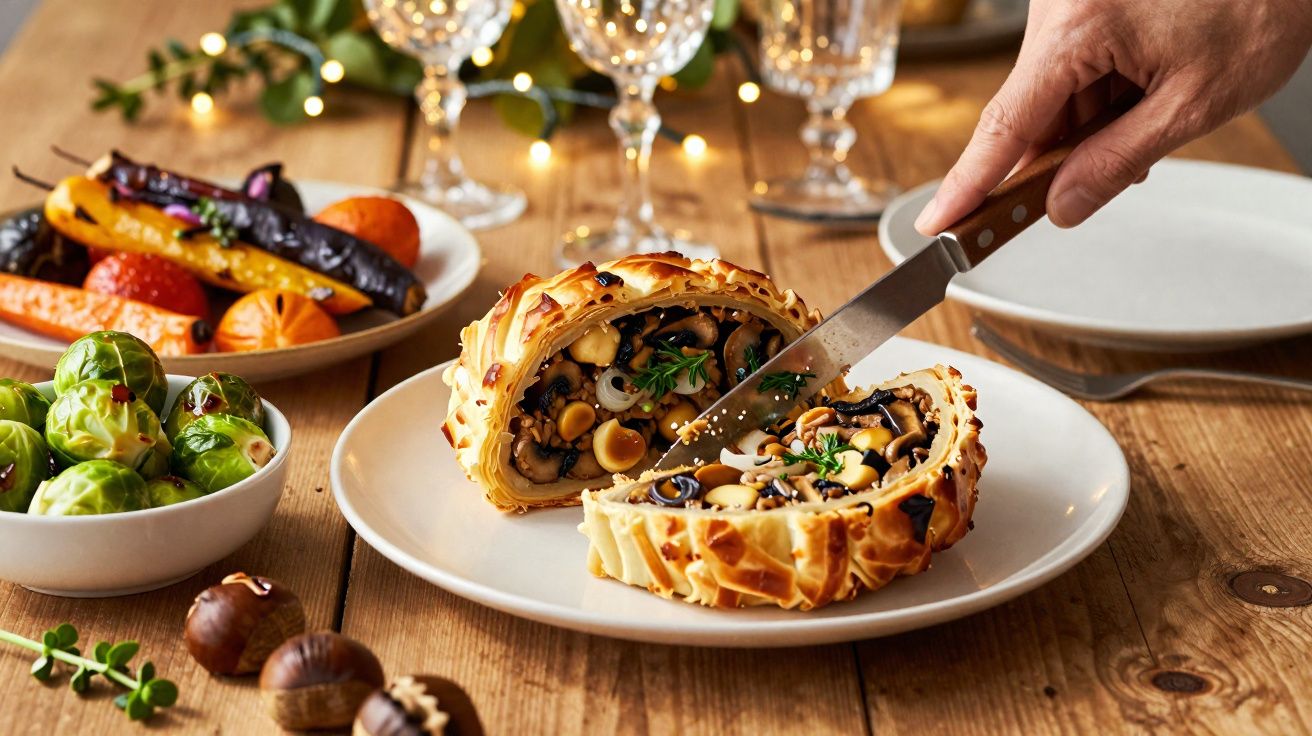 Rolo vegetariano de massa folhada recheado com cogumelos, servido com legumes e couves de Bruxelas.