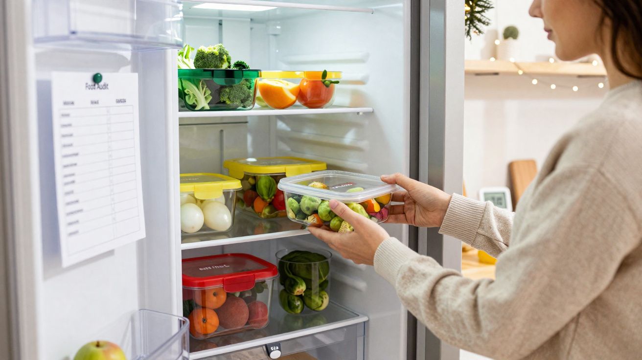 Pessoa a guardar legumes frescos em recipientes de plástico dentro de um frigorífico aberto.