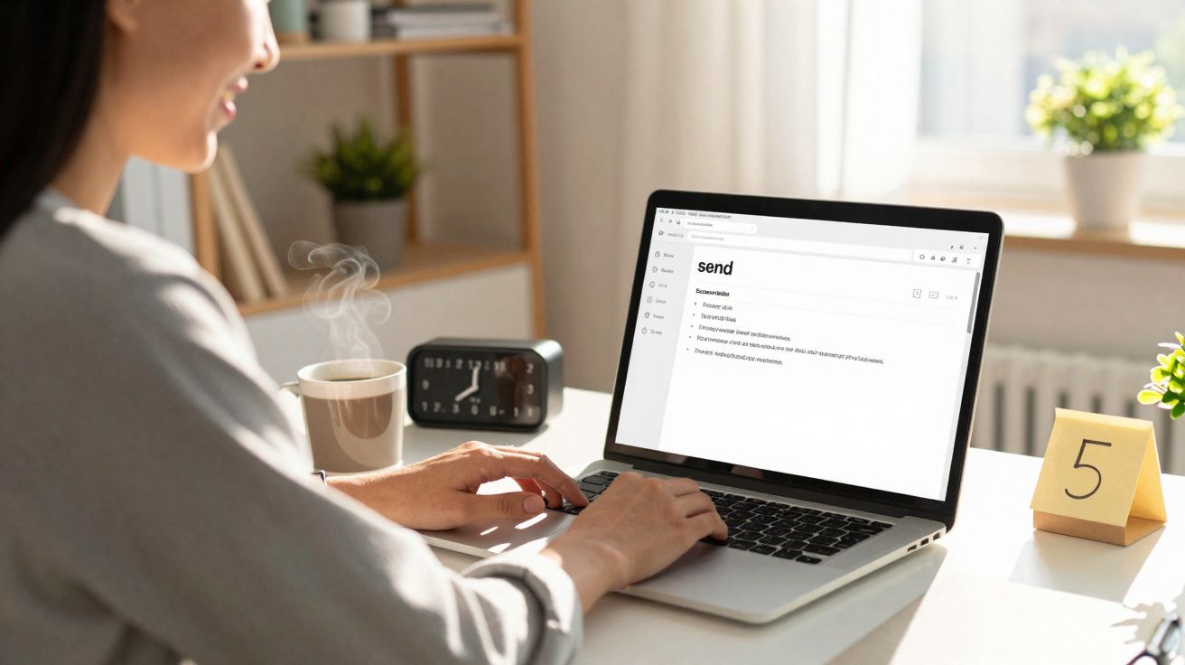 Pessoa a trabalhar num computador portátil numa secretária com chá quente, relógio e calendário.