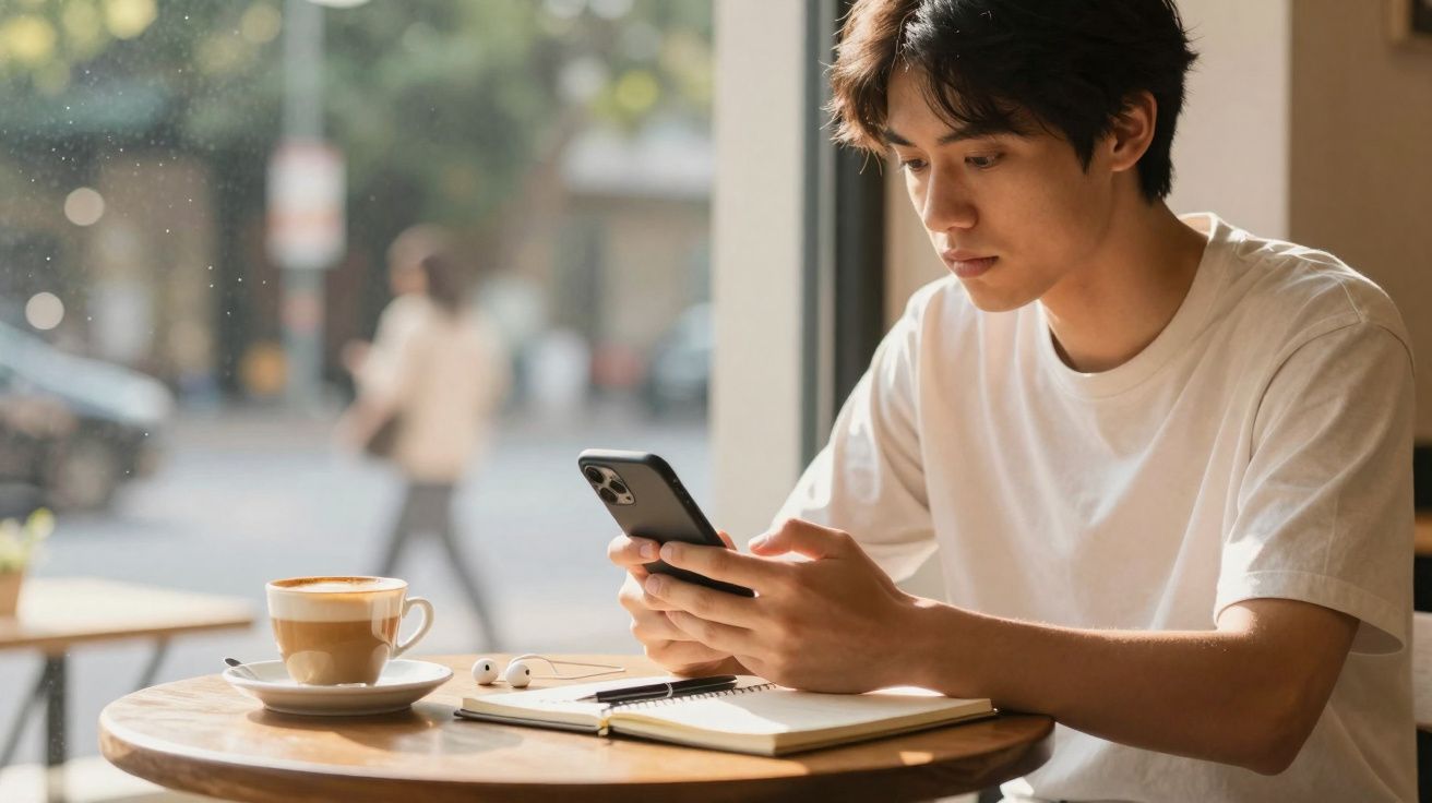 Jovem sentado numa mesa de café a usar o telemóvel, com caderno, auscultadores e chávena à sua frente.