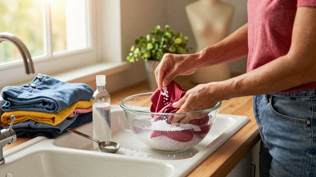 Pessoa a remover nódoa de roupa vermelha com sal num recipiente de vidro ao lado de roupas dobradas.