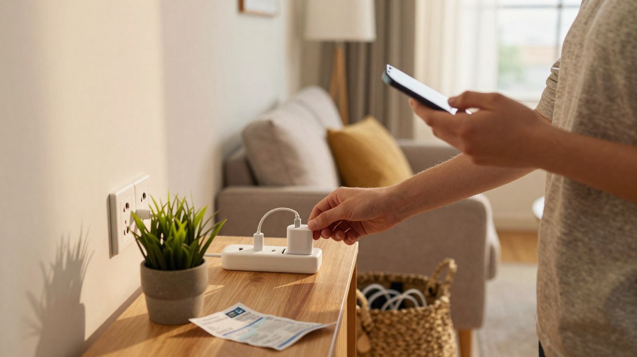 Pessoa a ligar carregador a régua de tomadas numa sala com sofá e planta decorativa.