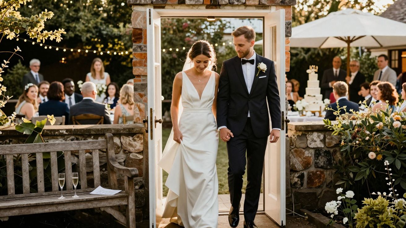 Noivos de mãos dadas a sair de uma porta em ambiente de casamento ao ar livre com convidados ao fundo.