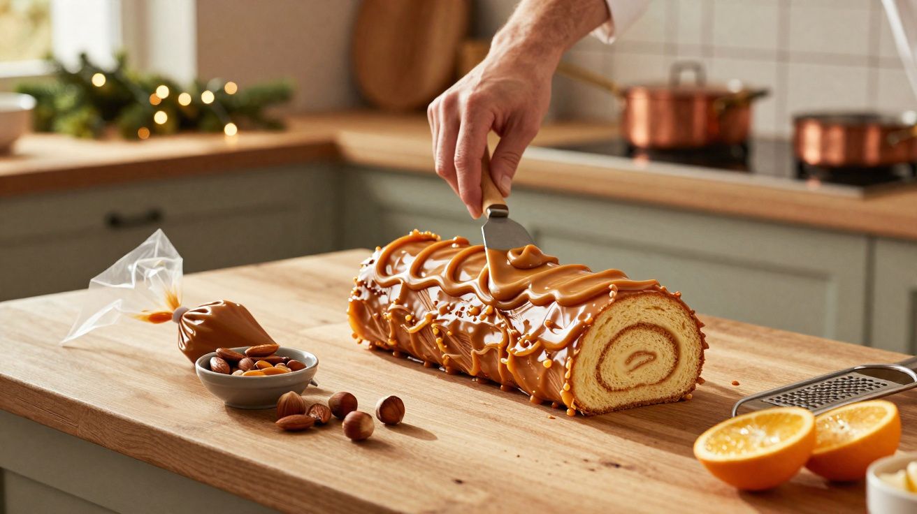Pessoa a decorar tronco de Natal com cobertura caramelizada numa cozinha acolhedora.