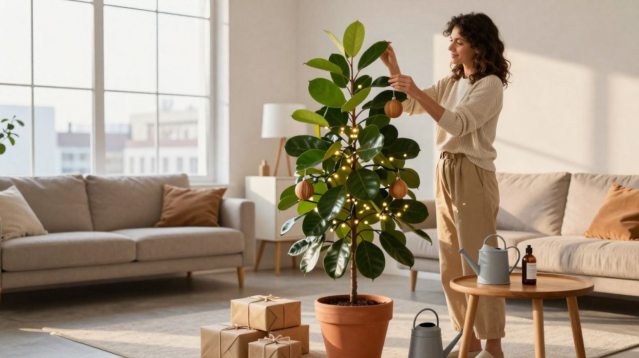 Mulher a decorar planta interior com luzes e bolas de Natal, sala luminosa com sofás e presentes.