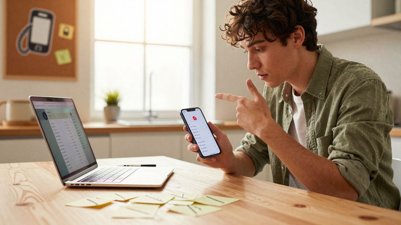 Jovem sentado à mesa a usar telemóvel e portátil, rodeado de notas adesivas num ambiente luminoso.