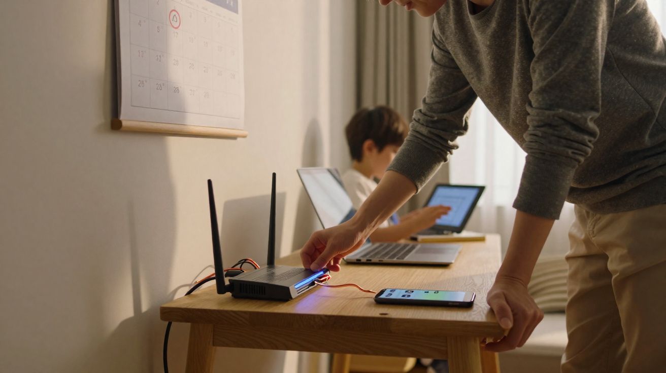 Pessoa a conectar cabo ao router com criança a usar computador portátil ao fundo numa mesa de madeira.