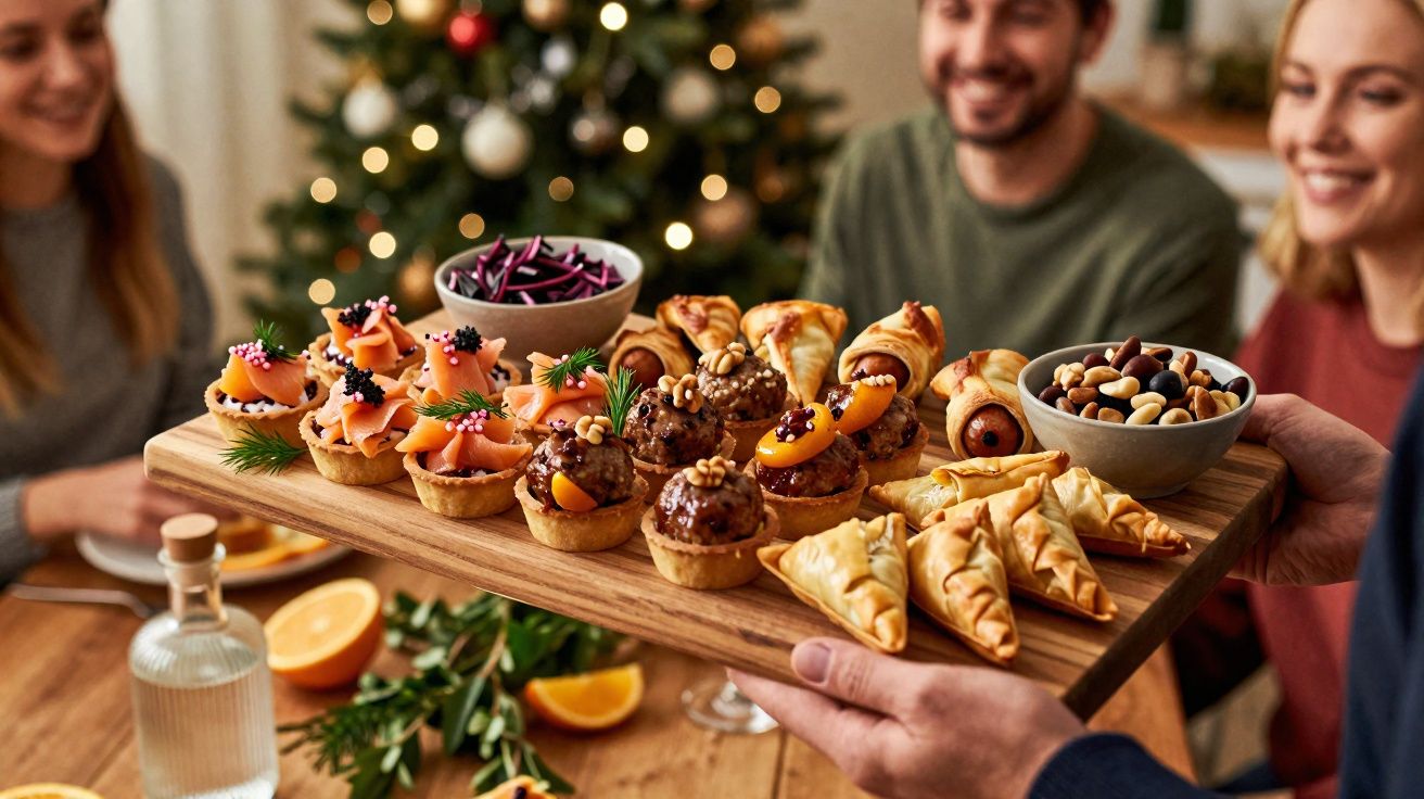 Tabuleiro com petiscos variados servido numa festa festiva com árvore de Natal ao fundo e pessoas sorrindo.