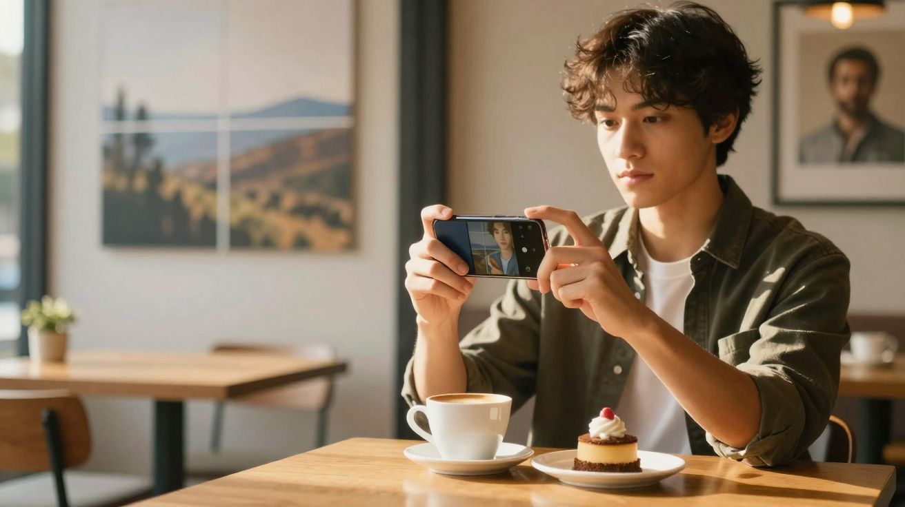 Jovem sentado numa mesa de café a tirar uma foto a si mesmo com um smartphone, com uma chávena de café e um bolo à sua frente