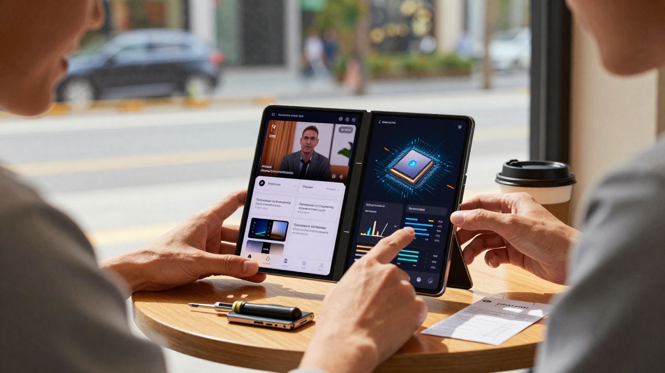 Duas pessoas usam um tablet dobrável numa mesa com indicadores gráficos e uma chamada de vídeo.