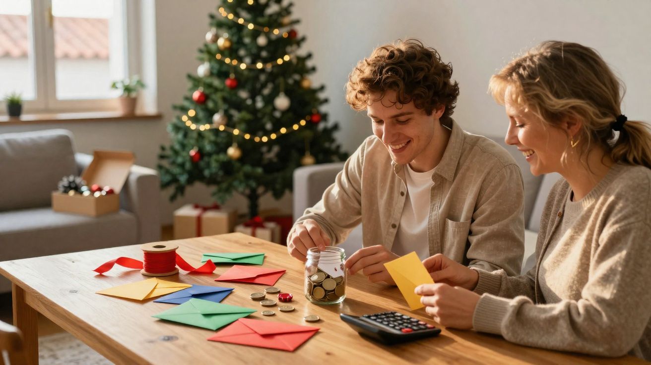 Casal jovem sentado à mesa a organizar moedas e envelopes coloridos perto de árvore de Natal decorada.