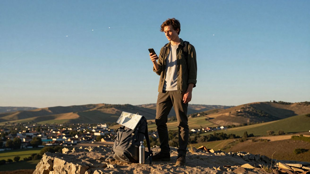 Jovem com mochila e garrafa verifica o telemóvel no topo de uma rocha com vista para uma aldeia e colinas.