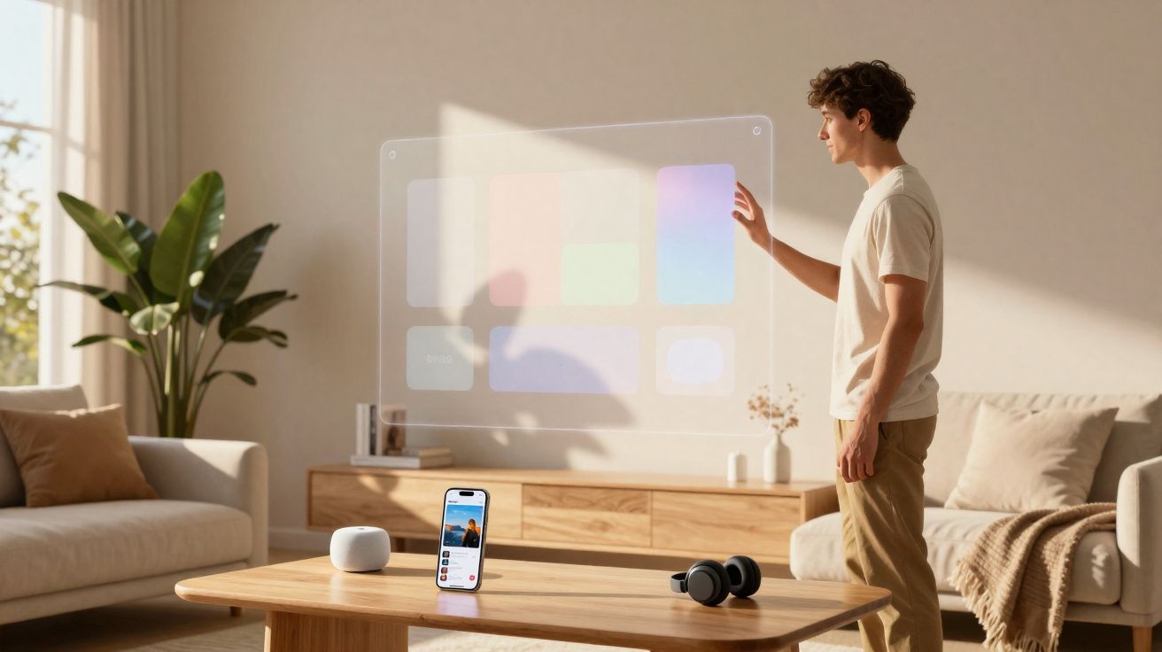 Homem interactua com ecrã táctil holográfico numa sala moderna com sofá, mesa e dispositivos tecnológicos.