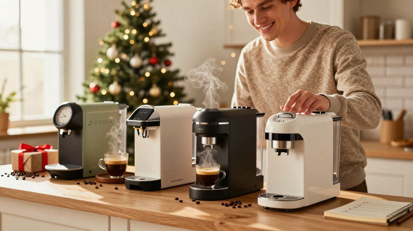 Homem sorridente a preparar café em máquinas de café expresso numa cozinha decorada com árvore de Natal.