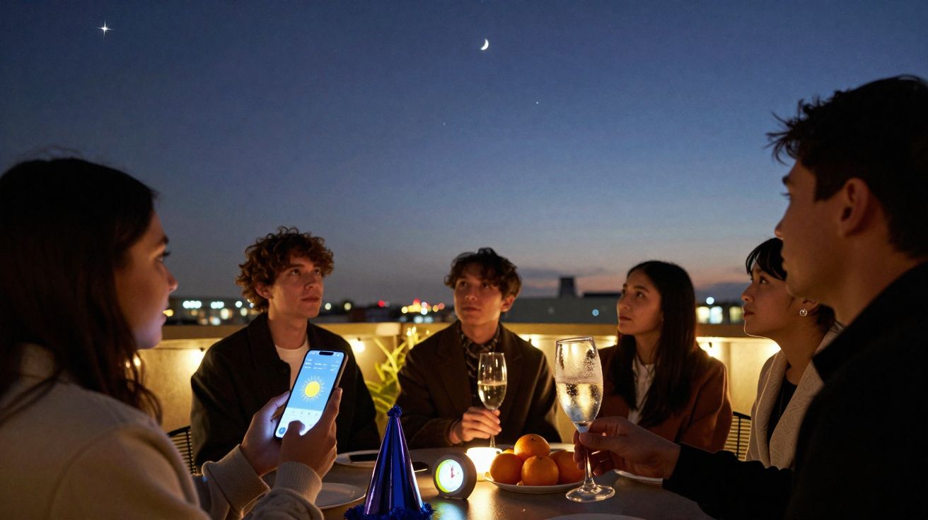 Grupo de seis jovens a conversar numa varanda à noite, com bebidas à mesa sob céu estrelado e lua crescente.