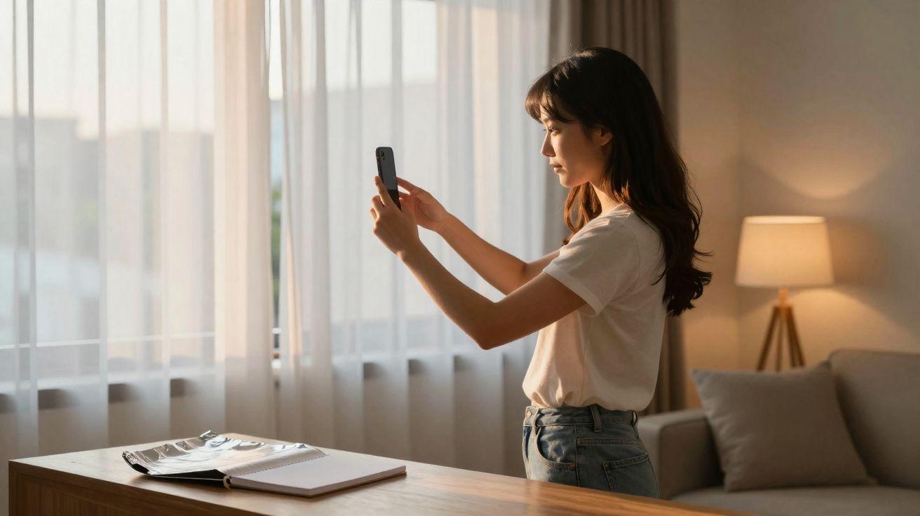 Mulher a tirar foto com telemóvel em sala iluminada com luz natural e candeeiro aceso ao fundo.